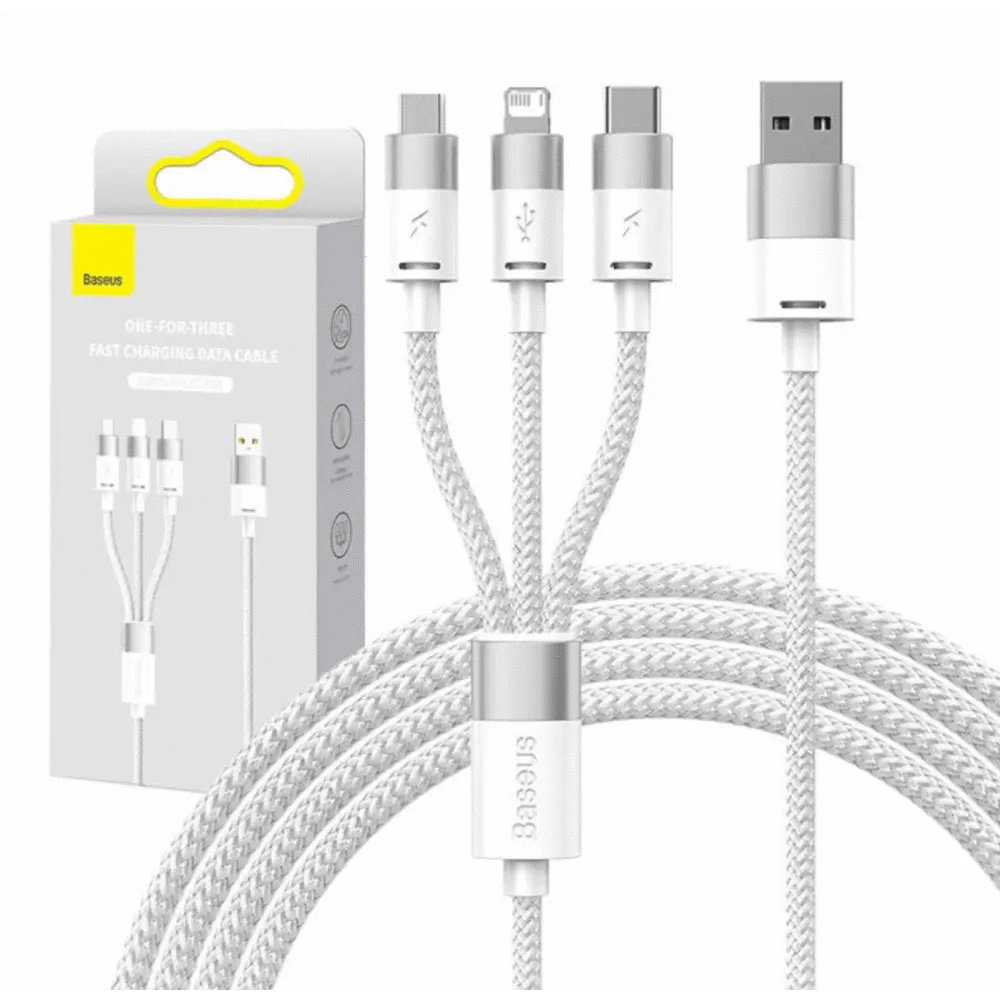 Baseus 3in1 USB Kabel StarSpeed Series, USB-C + Micro + Lightning 3,5A, 1.2m (weiss) - 24 Store GmbH