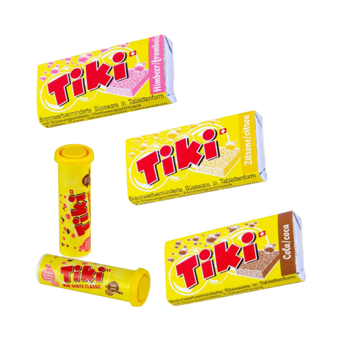 Tiki Explore-Bundle – Brausewürfel (Zitrone, Himbeere, Cola) & Tiki Mini-Shots